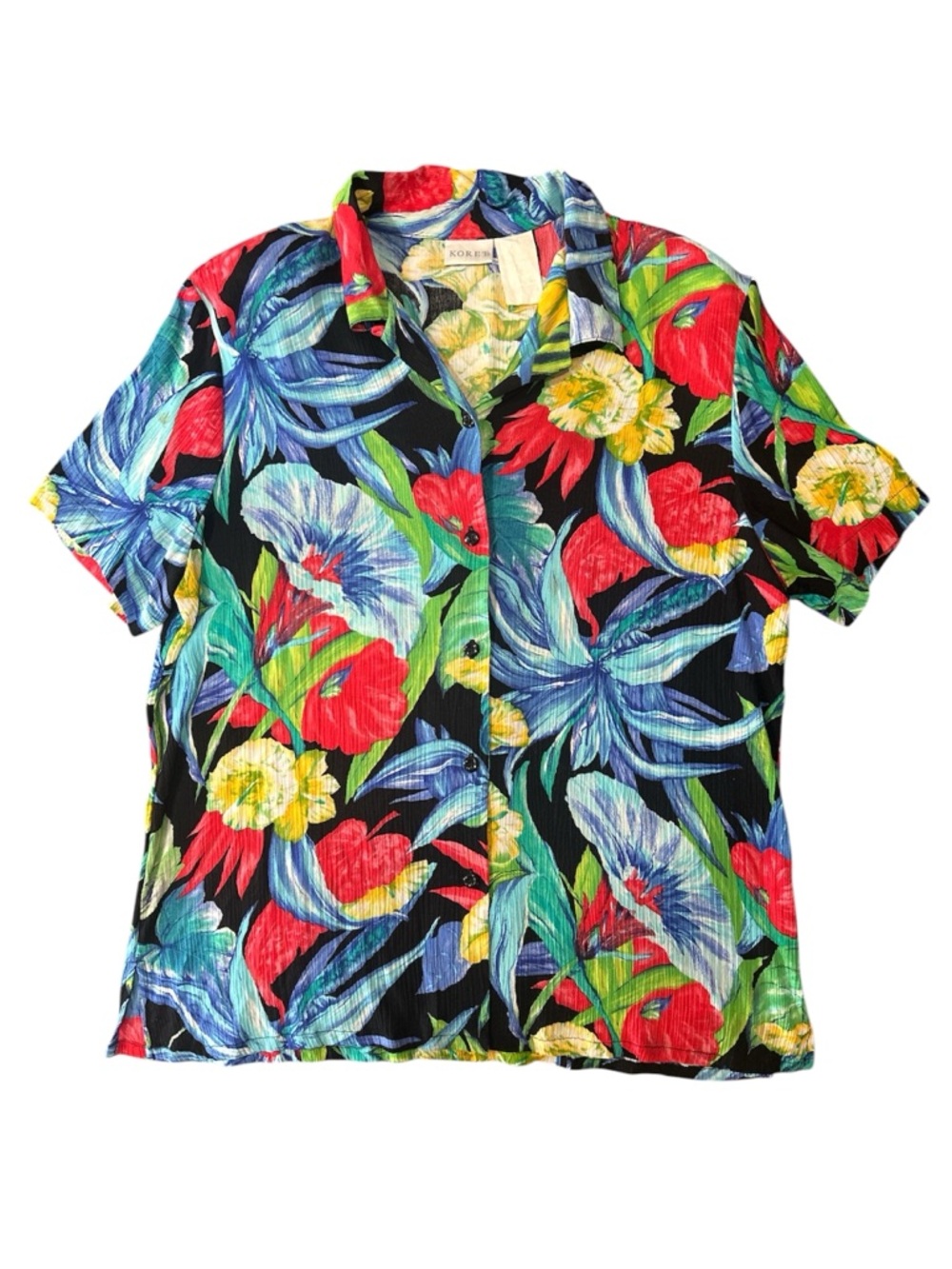 Koret Vintage 80s Womens Black Tropical Floral Short Sleeve Shirt size 2X